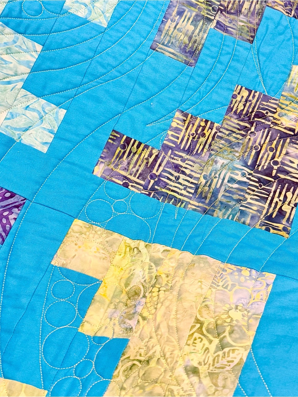 Quilted Patchwork Throw in Turquoise with Purple & Yellow Accents 72”x72”